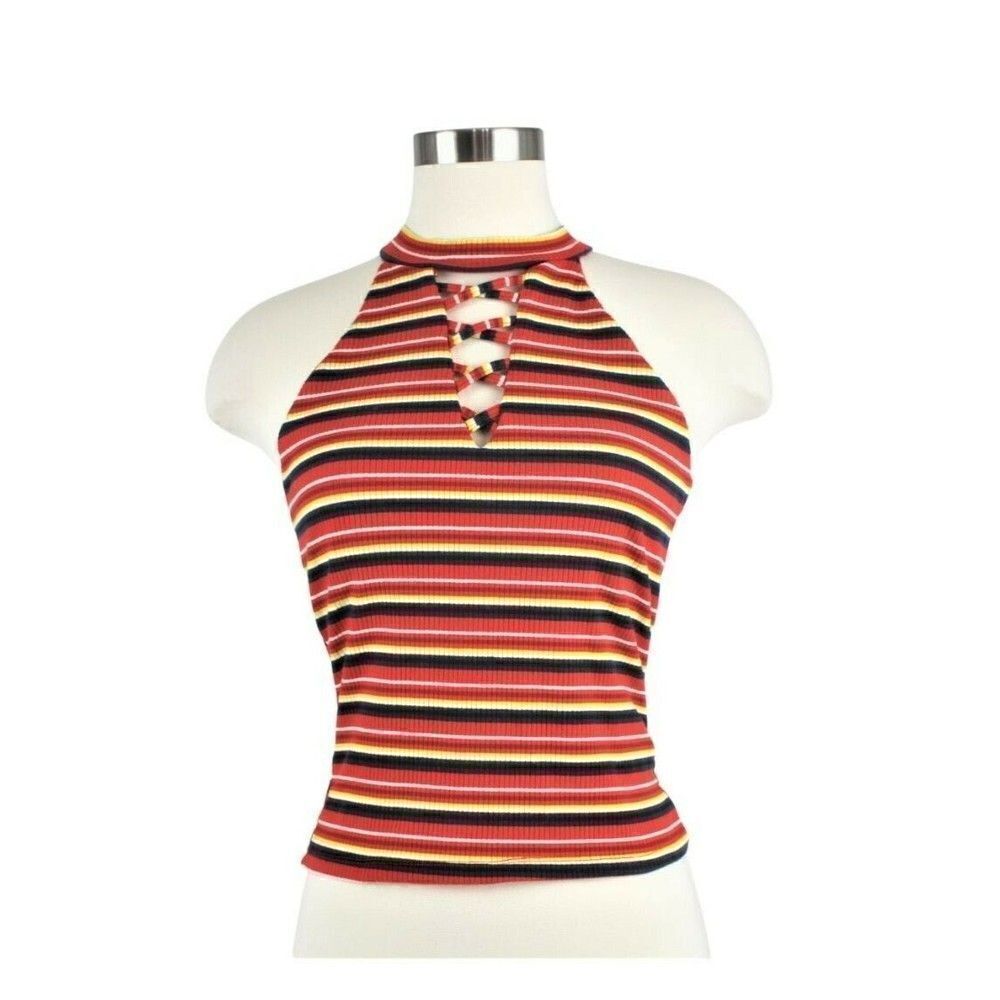 Halter Top Cropped Sleeveless Ribbed Knit Pullover Striped Orange Juniors LG
